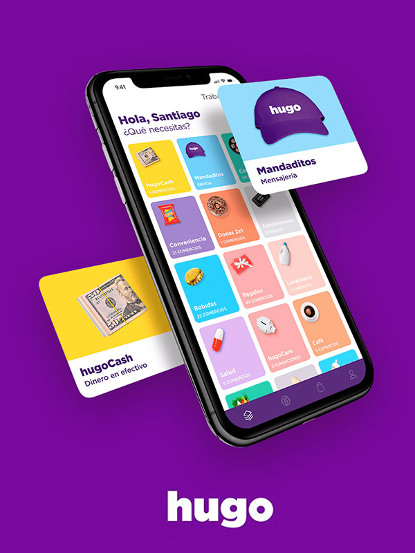 HUGO-APP banner - cell phone showing the app