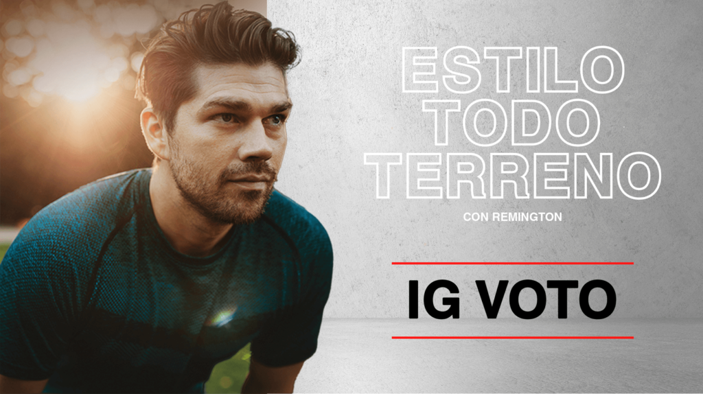 IG vote header from the "all-terrain style" campaign by Remington, featuring a photo of a model and a gray background