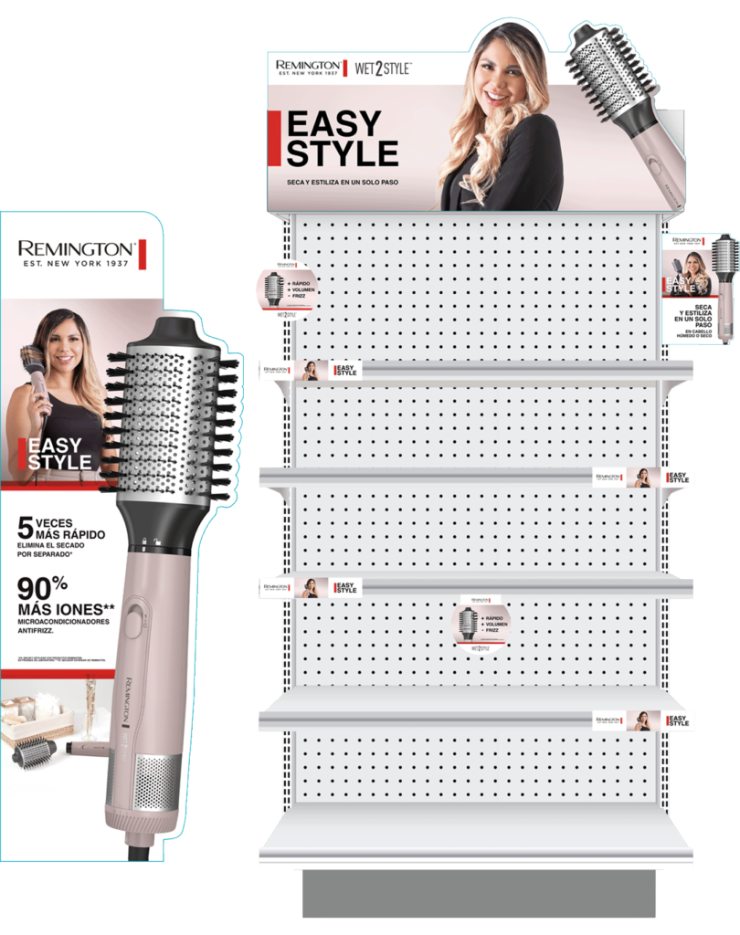 Remington gondola POP Easy Style campaign with nude background and model using the brush
