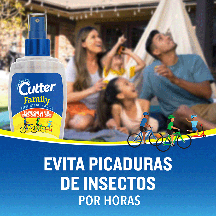 Image with the text "Avoid insect bites for hours" and a photo of the product and a happy family outdoors