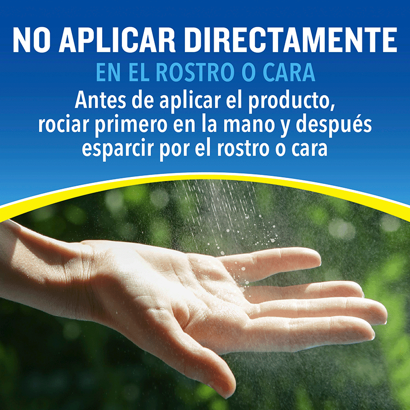Image with the headline "Do not apply directly to the face" with usage instructions and a photo of a hand applying the product
