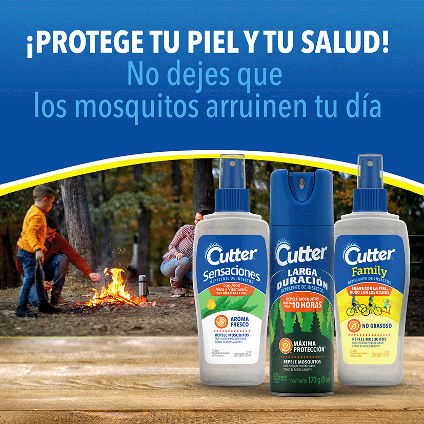 Repellent cutter design with an image of a family making a bonfire in the forest, with the headline "protect your skin and health!"