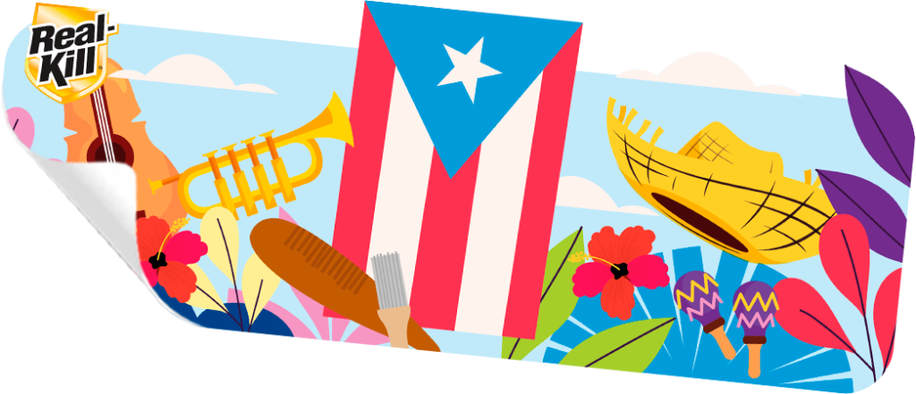 Sticker with a Puerto Rico theme, made up of instruments, plants, the flag, and elements from Puerto Rico