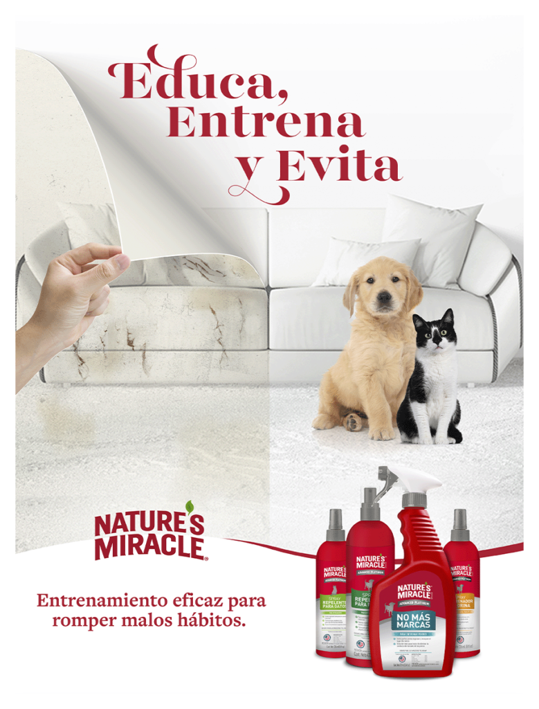 KV Natures Miracle campaign "educate, train, and prevent" with an image of a dirty room vs a clean room with the products