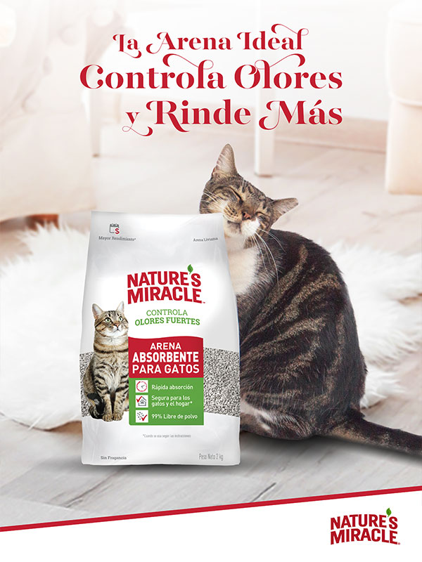 Natures Miracle Key Visual "the ideal litter controls odors and lasts longer" with an image of a happy cat with its litter bag