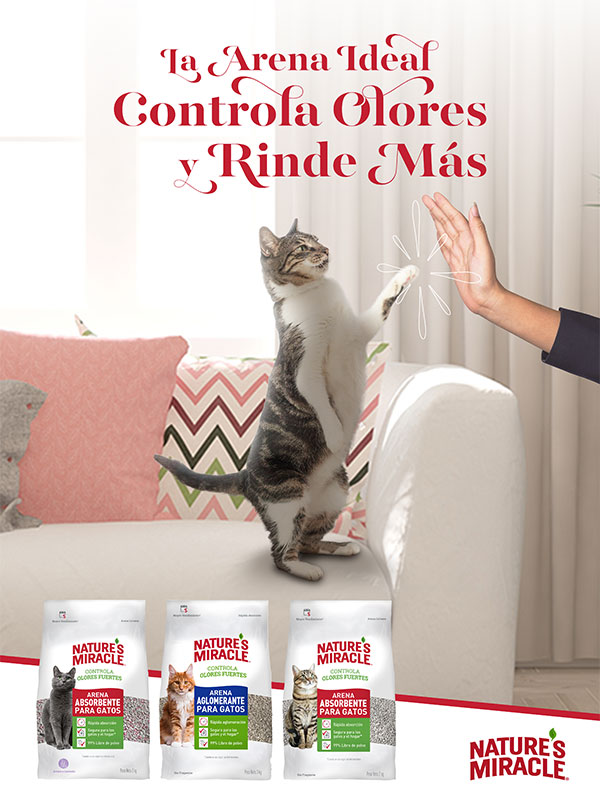 Natures Miracle Key Visual "the ideal litter controls odors and lasts longer" with the image of a living room in the background, a cat greeting its owner, and the product bags