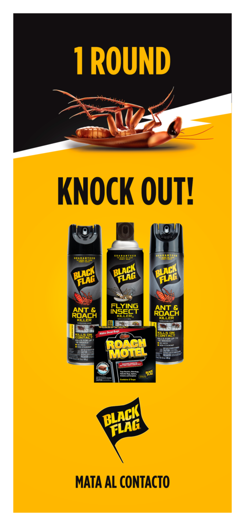 ROLL UP BLACK FLAG con el mensaje "1 round knock out! mata al contacto" y renders del producto sobre fondo amarillo y negro