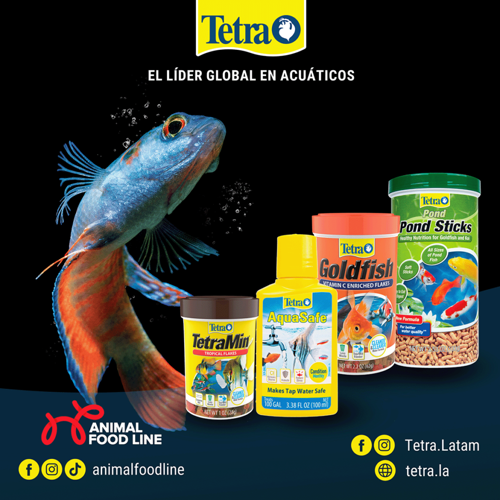 Image of Tetra products with a betta fish on a black background and the Animal Food Line logo