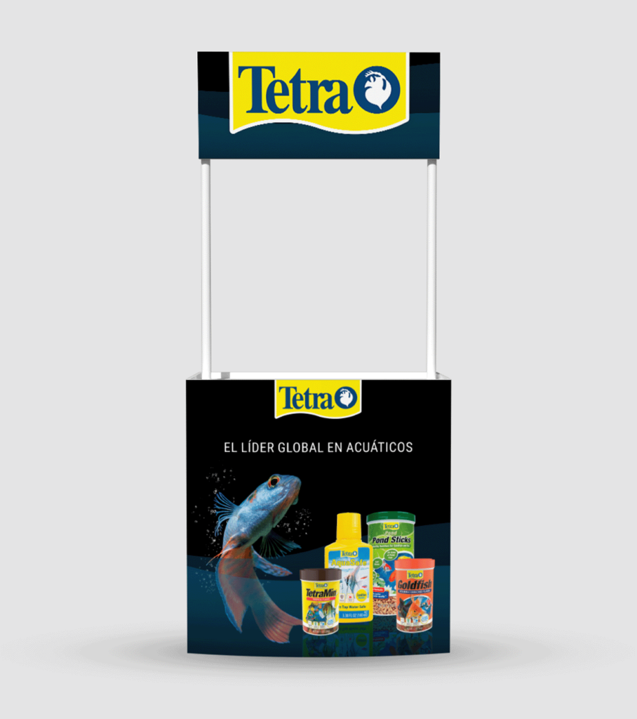 Tetra booth with product image and a betta fish on a black background with the message "the global leader in aquatics"