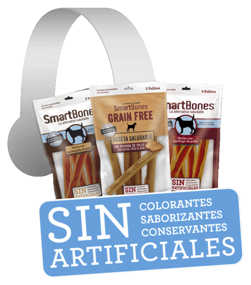 Smartbones dangler with product bags and a label with the information "no artificial colorants, flavorings, preservatives"