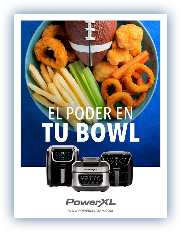 Power XL KV with the headline "the power in your bowl" showing photos of promoted products and in the background a plate with snacks themed for the Super Bowl