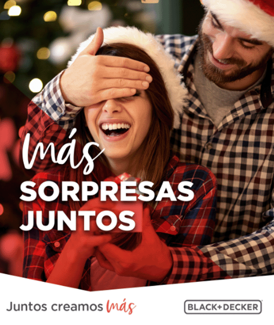 Campaign KV "more surprises together" for B+D Christmas with a photo of a couple opening a surprise gift with a holiday background