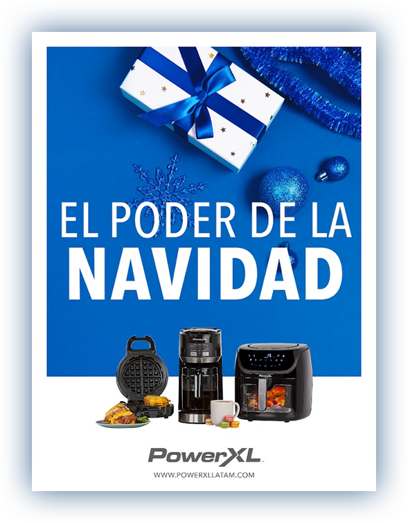 Power XL campaign "the power of Christmas" with photo of promoted products and a blue Christmas background