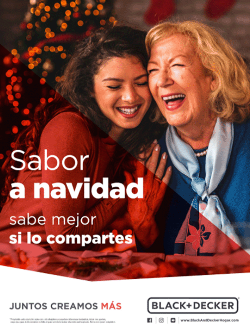 Black and Decker KV holiday campaign "Christmas flavor tastes better when shared" with a photo of happy people and a Christmas tree in the background