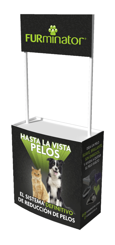 FURMINATOR information stand with an image of a cat and a dog featuring the campaign "hasta la vista pelos"