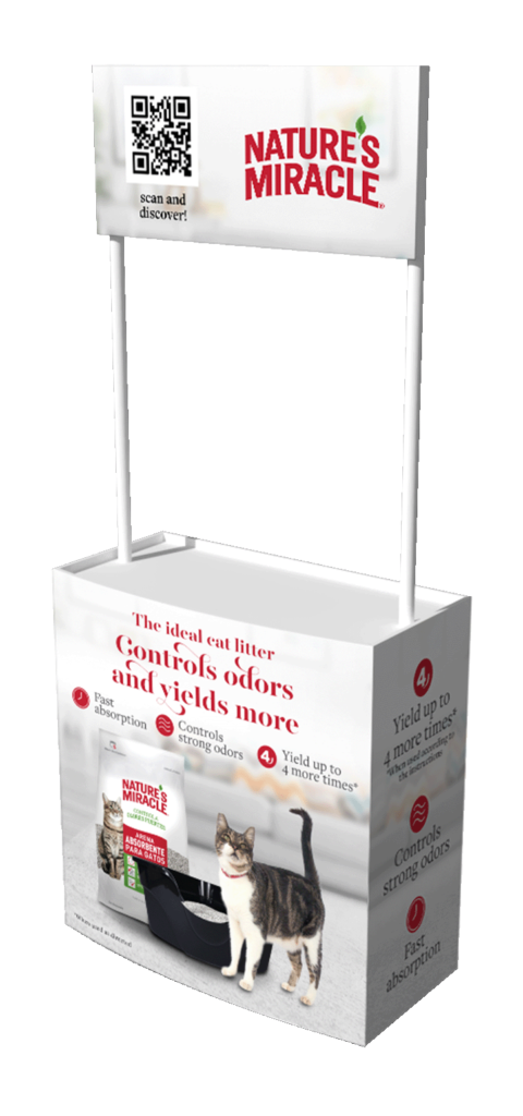 Natures miracle information stand with an image of a cat featuring the campaign "The ideal cat litter"