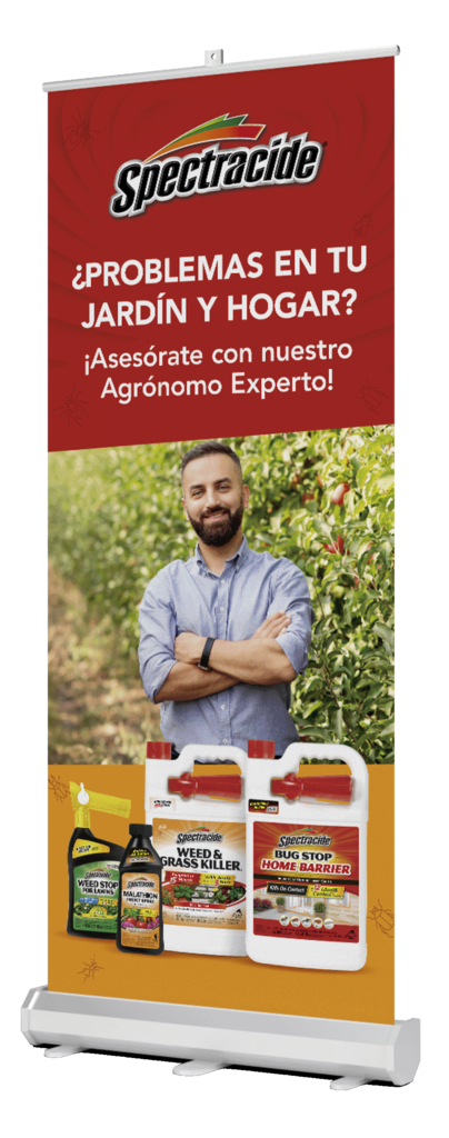 Spectracide roll-up with an image of a person in a garden holding the Spectracide product and product information