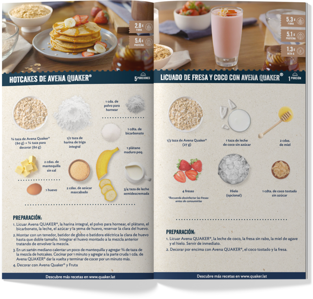 Recipe book design with pancake and smoothie recipes using Quaker oats.