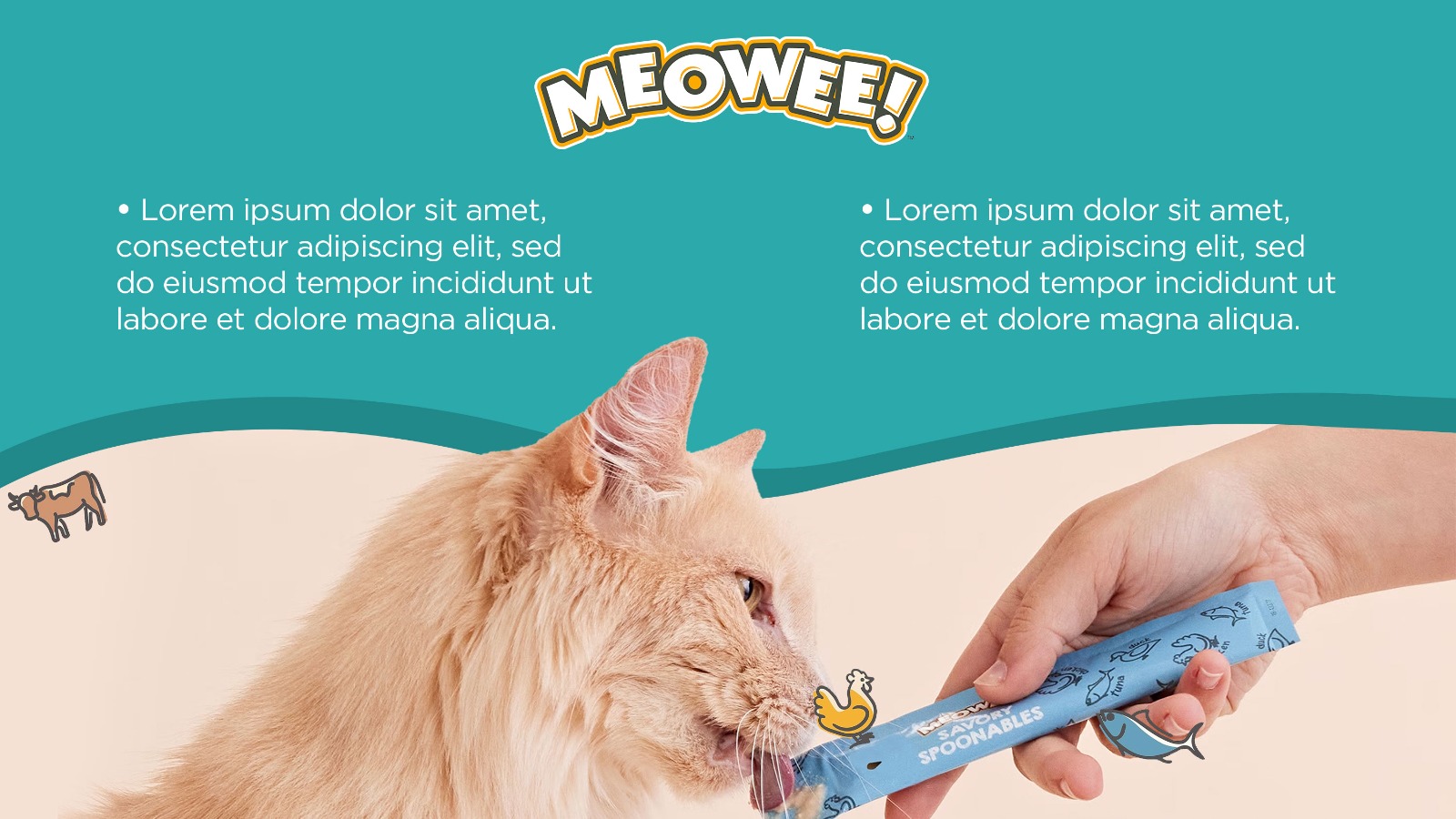 Meowee flyer with a photo of a cat eating creamy purée from someone's hand and an explanatory text.