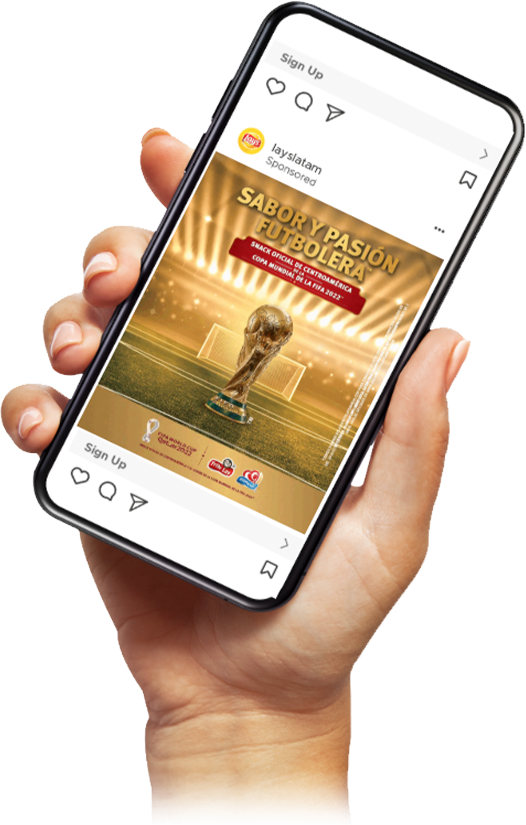 Hand holding a phone displaying the Lays instagram
