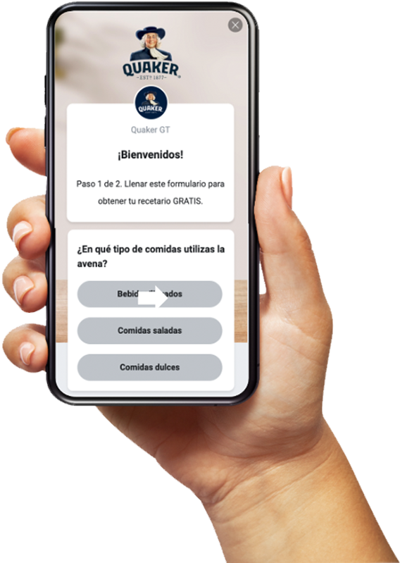 Hand holding a phone displaying the Quaker survey