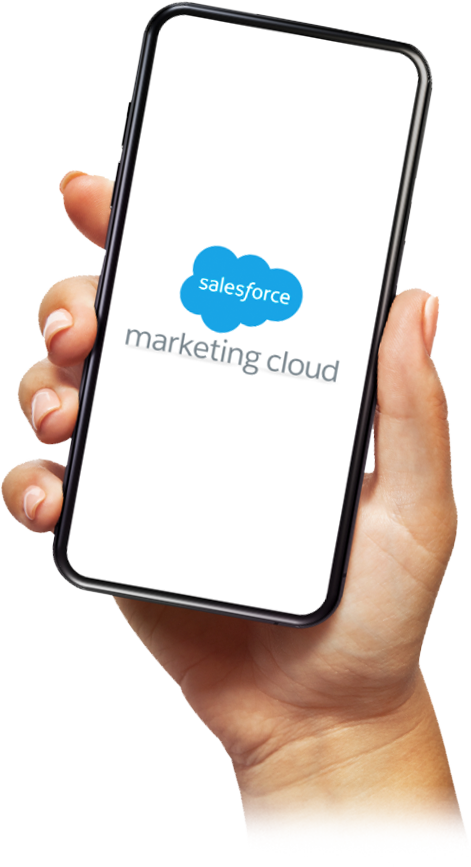 Hand holding a phone displaying the Salesforce Marketing Cloud logo.