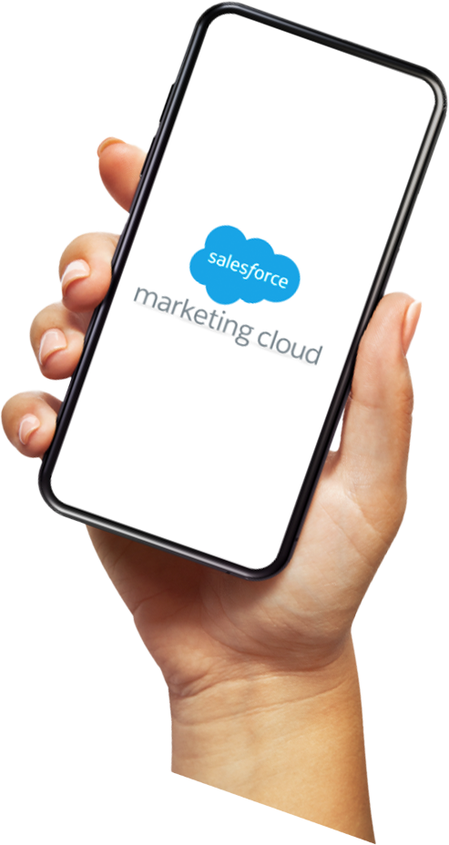Hand holding a phone displaying the Salesforce Marketing Cloud logo.