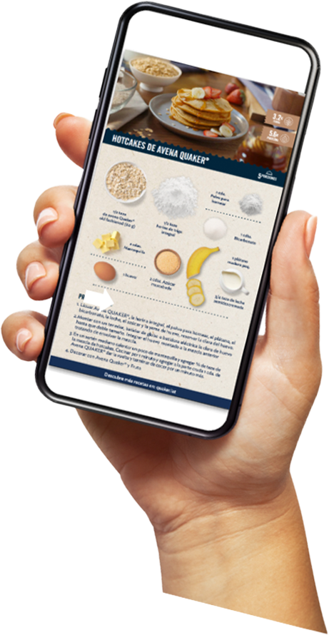 Hand holding a phone displaying the Quaker Recipe book design