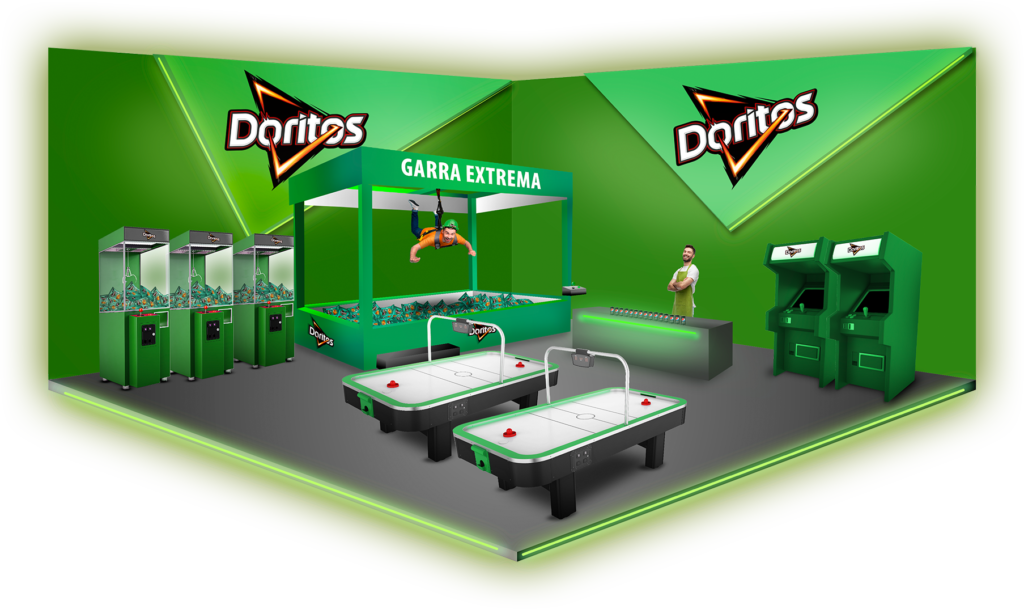 Image of our BTL proposal featuring a gaming room with arcade machines, a human crane, and an air hockey table.