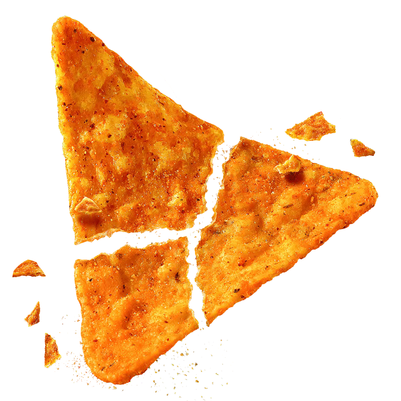 A broken Dorito with small pieces flying out.