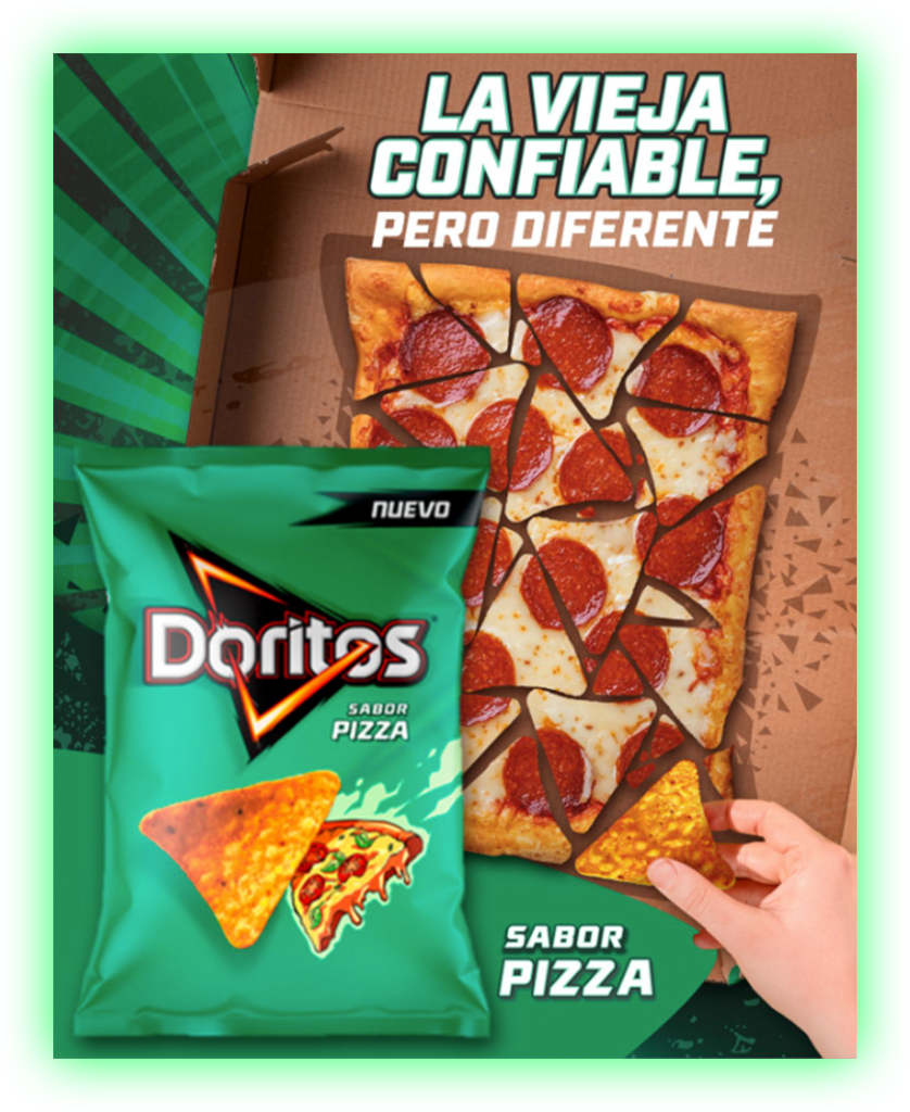 Image of our key visual proposal featuring a pizza box shaped like a Doritos bag.