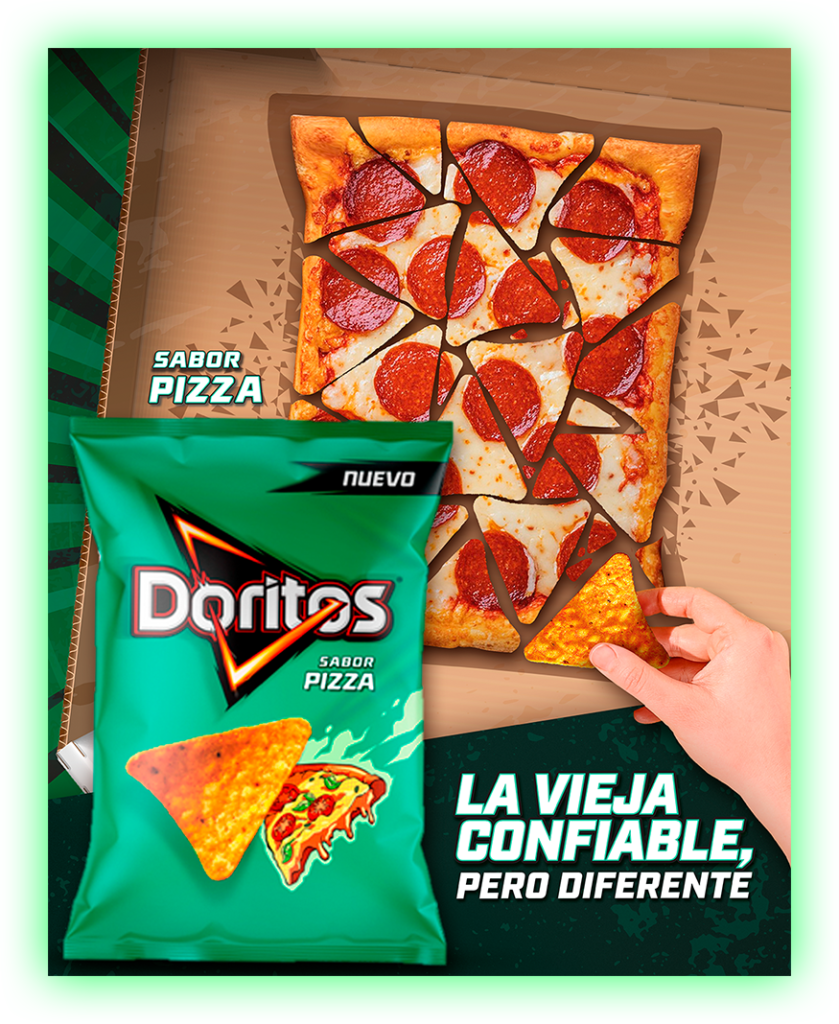Image of our key visual proposal featuring a pizza box shaped like a Doritos bag.