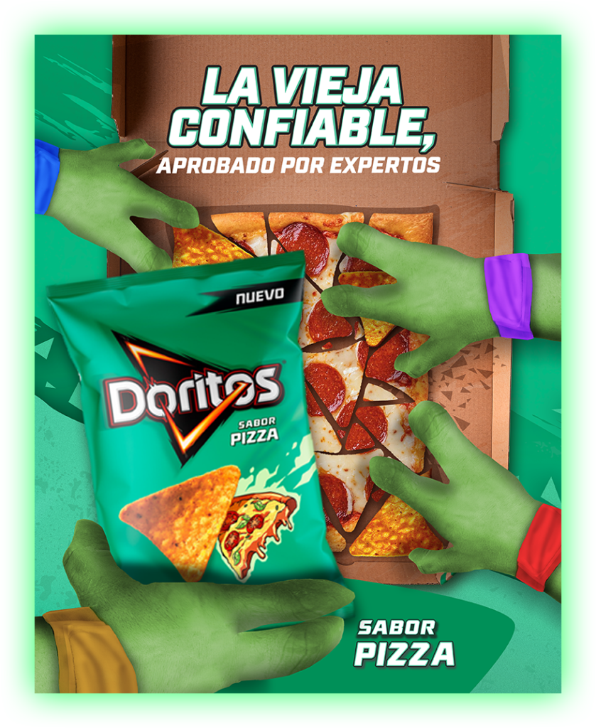 Image of our key visual proposal featuring a pizza box shaped like a Doritos bag.