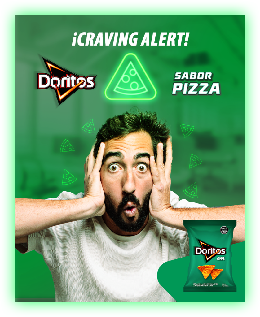 Image of our key visual proposal with a surprised man craving pizza.