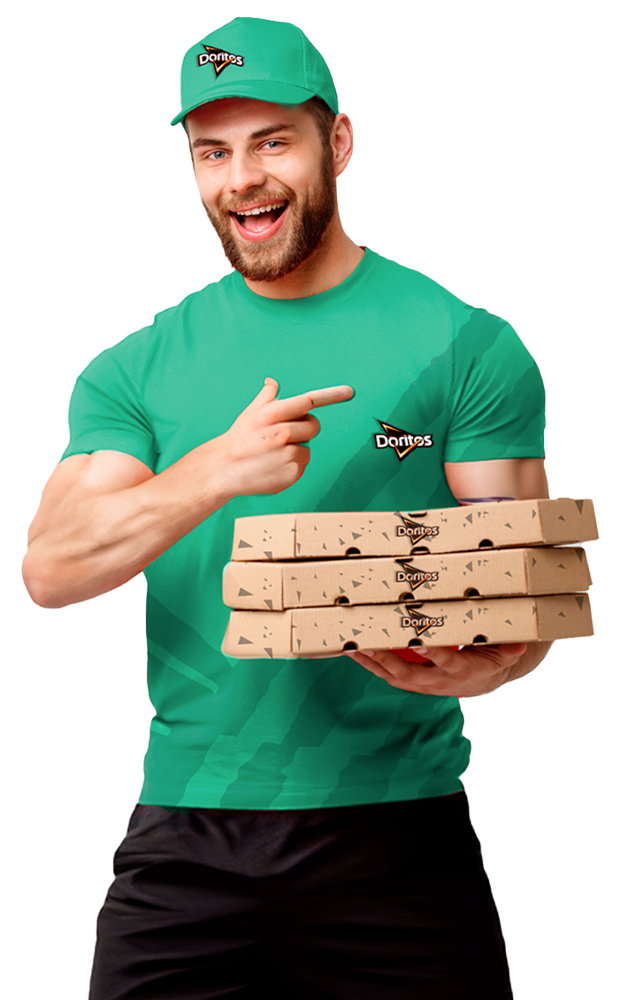 Person dressed as a pizza delivery driver who would deliver the packages to influencers.