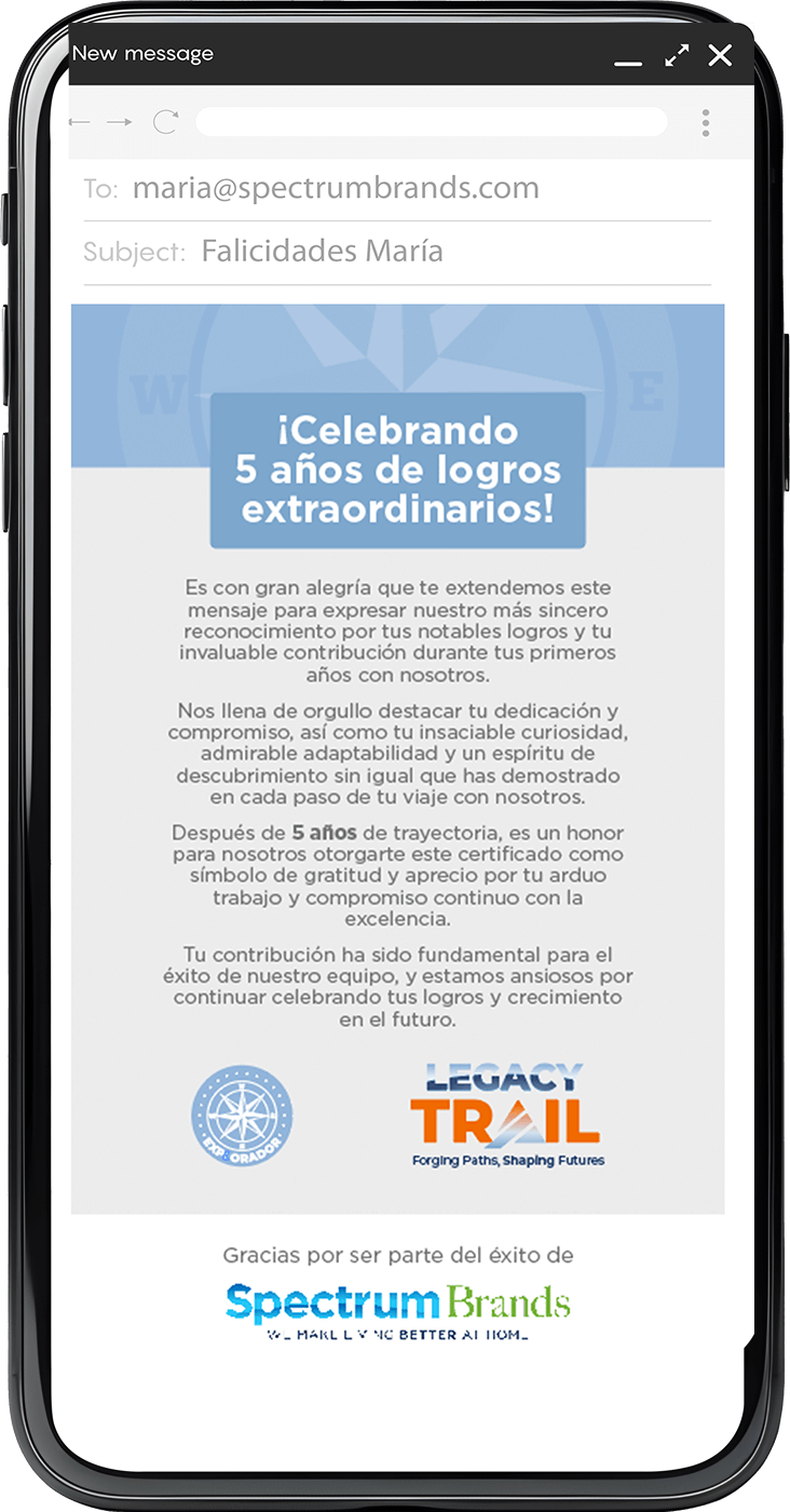Legacy Trail mobile mockup showing an email on the screen.